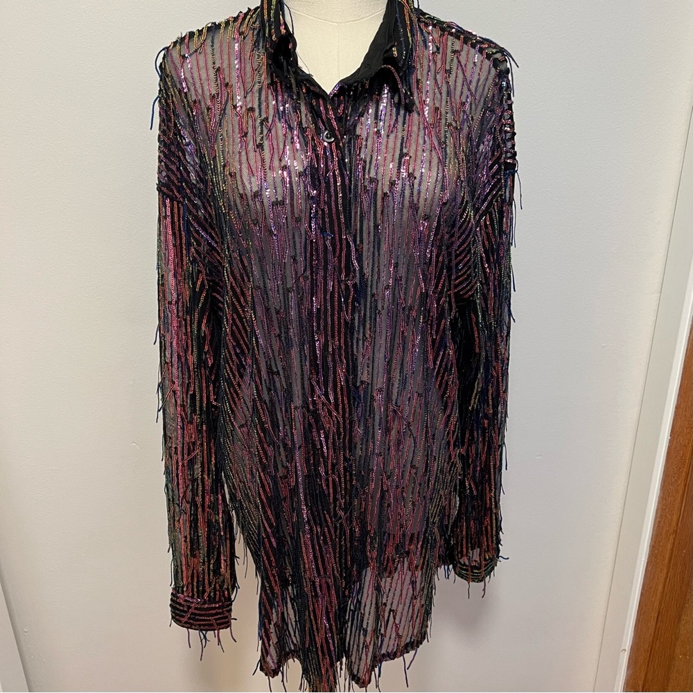 Nasty Gal Sheer Beaded Fringe Button-Up Blouse in Black and Purple